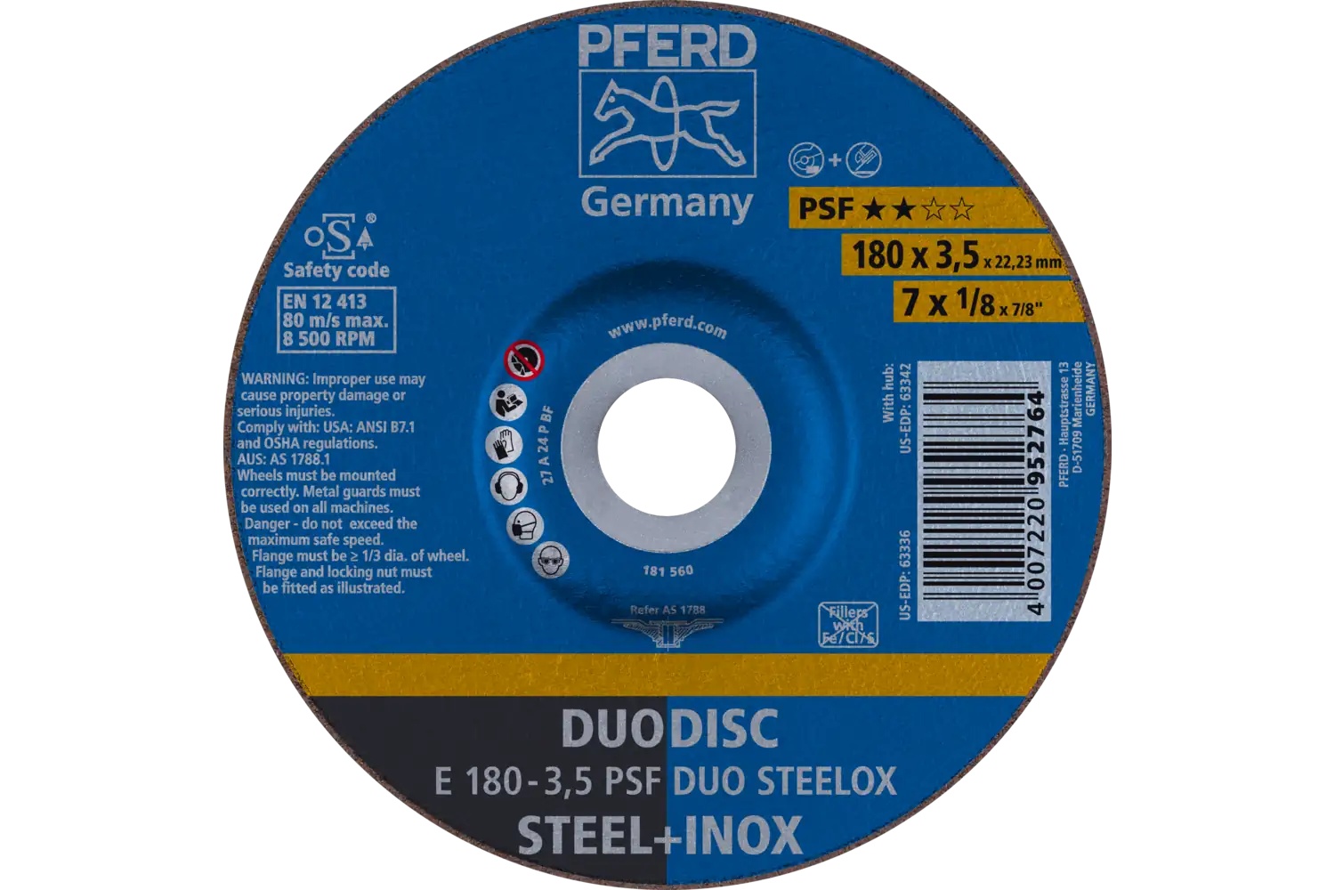 Picture of Pferd Combination Wheel, 7" X 1/8 X 7/8, Psf Duodisc Steelox, T27, Aluminum Oxide